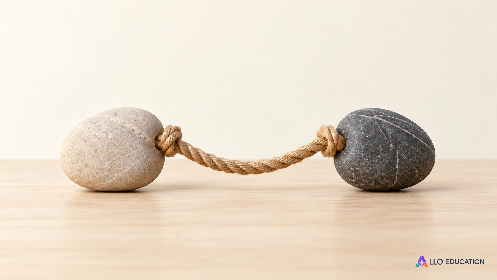 Deux petits galets distincts reliés par une ficelle épaisse unie sur une table claire.