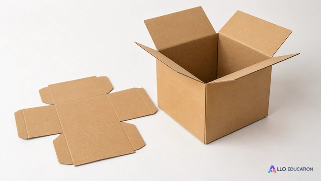 Une boîte en carton annonce le passage entre solide et faces à plat.