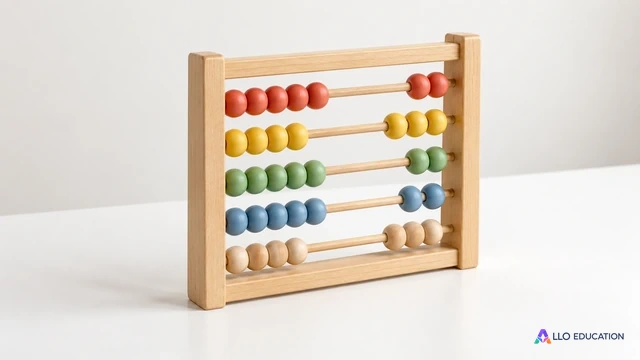 Un petit boulier en bois à perles colorées, sans inscription, repose sur une table blanche.