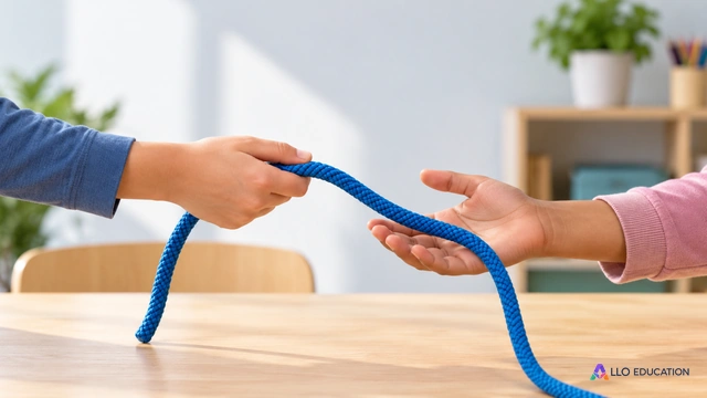 Couverture éditoriale muette : gros plan de deux mains d’enfant qui se transmettent une corde souple bleue unie au-dessus d’une table claire, geste unique de passage, matière r.