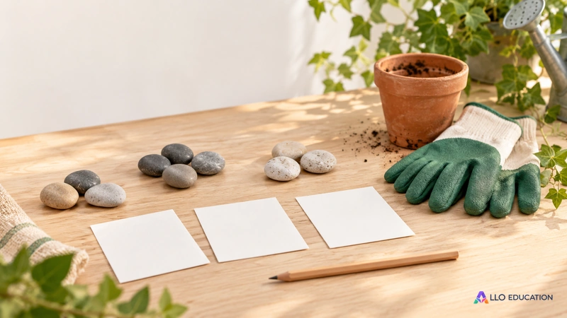 Gants, pot et galets regroupés près de cartes vierges évoquent l’organisation d’informations pour préparer une activité.