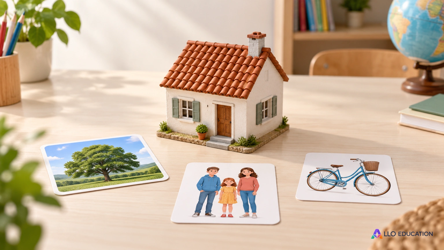 Une petite maison en volume et des cartes muettes sur une table.