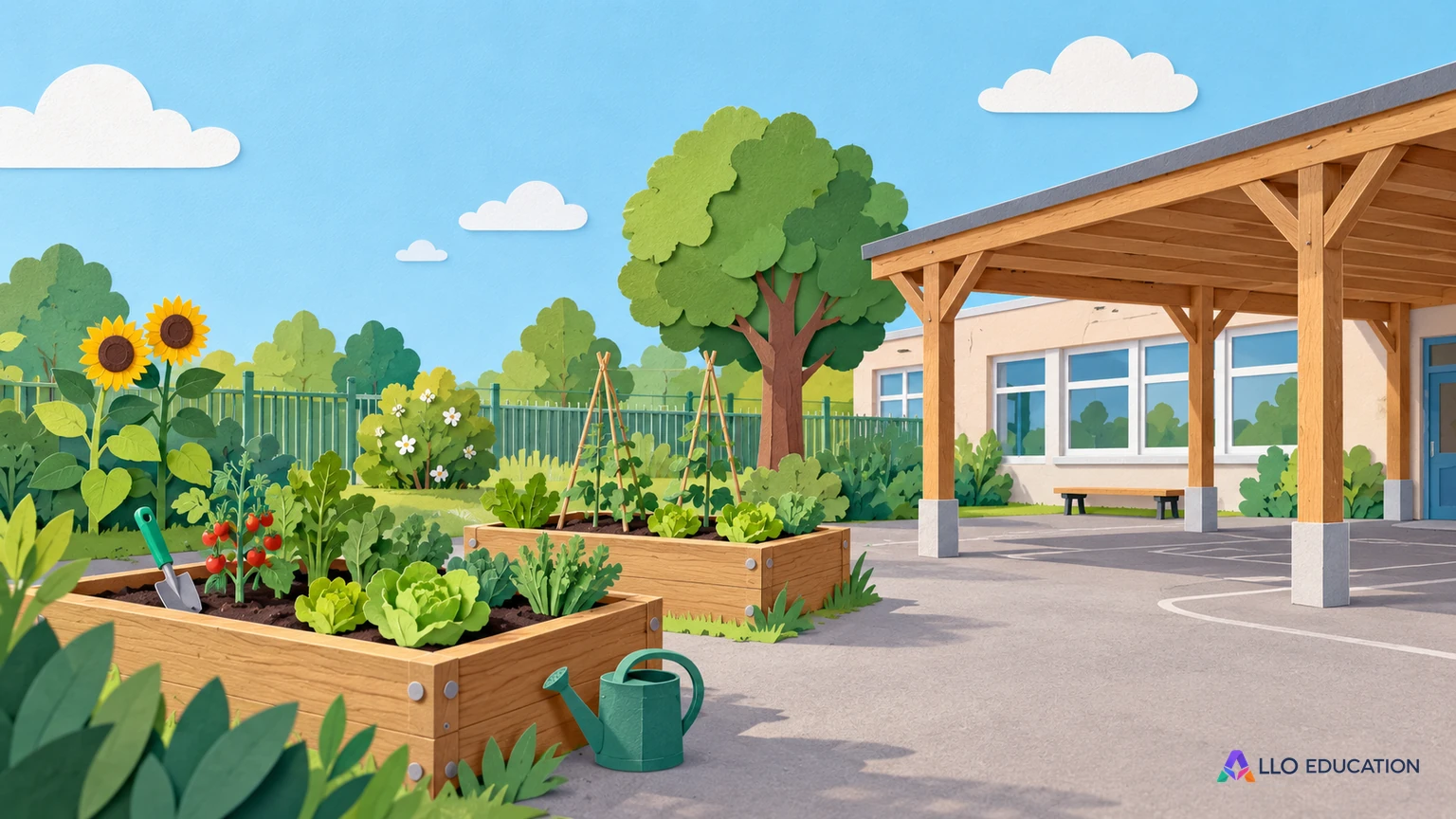 Des bacs de jardin et un préau dans une cour imaginaire.